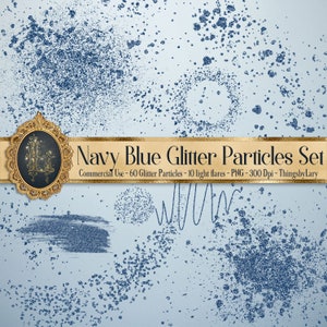 Pode incluir: Um conjunto de 60 partículas de glitter azul marinho, perfeitas para adicionar brilho aos seus designs digitais. As partículas estão em formato PNG e têm 300 DPI.