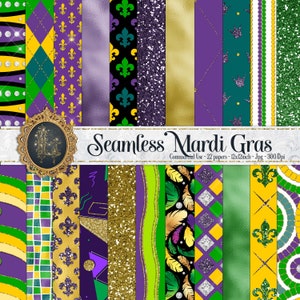 Puede incluir: Un conjunto de 22 papeles digitales con patrones temáticos de Mardi Gras en dorado, morado, verde y negro. Los papeles son sin costuras y se pueden usar para manualidades, scrapbooking y otros proyectos creativos.