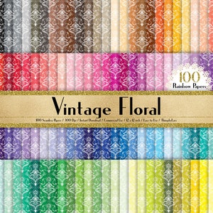Puede incluir: Un conjunto de 100 papeles digitales con un patrón de damasco floral vintage en un arcoíris de colores. Los papeles miden 30,5 cm por 30,5 cm y 300 dpi.  "Vintage Floral" y "100 Rainbow Papers" están escritos en la imagen.
