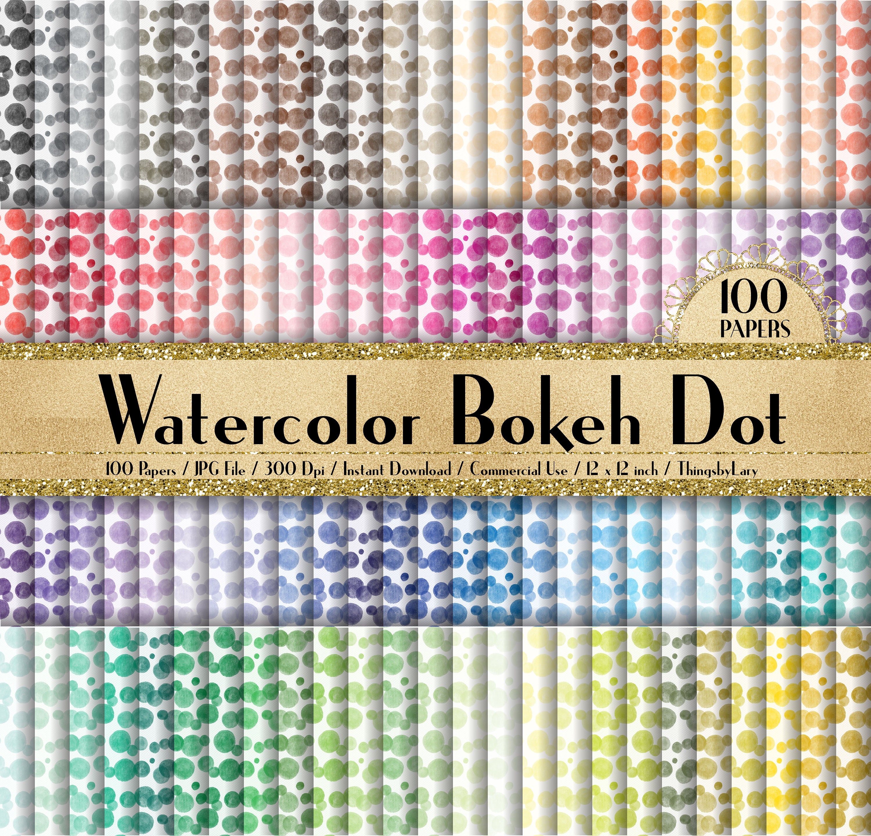 100 Seamless Watercolor Bokeh Dot Paper 2 in 12" X 12", 300 Dpi Planner ...