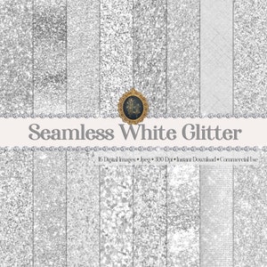 May include: A digital paper pack with 16 seamless white glitter patterns. The patterns are various textures of white glitter. The text "Seamless White Glitter" is at the top of the image. The text "16 Digital Images - Jpeg - 300 Dpi - Instant Download - Commercial Use" is at the bottom of the image.