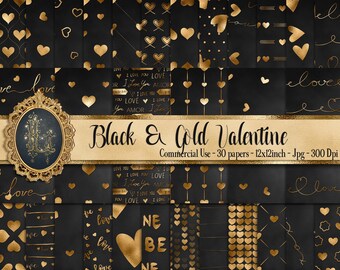 30 svarta och guldfärgade digitala papper med hjärtan och kärlek, 12 tums 300 dpi, planeringspapper för kommersiellt bruk, scrapbooking, guldfolietryck, guldfärgad kärlekstryck