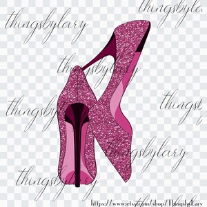 May include: A pair of pink glitter high heel shoes. The shoes are angled so that the heel of one shoe is visible. The shoes are on a white background with the text "thingsbylarry" repeated several times.
