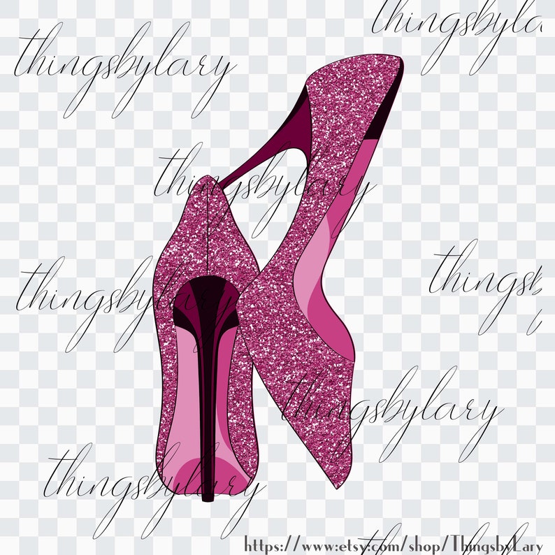 May include: A pair of pink glitter high heel shoes. The shoes are angled so that the heel of one shoe is visible. The shoes are on a white background with the text "thingsbylarry" repeated several times.