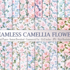 28 Seamless Watercolor Camellia Digital Papers Commercial Use White Semi-Double Camellia Flowers Camellia japonica blossom evergreen shrubs