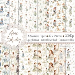 16 Seamless Watercolor Anne with a E Digital Papers 300dpi Uso commerciale Green Gables Romanzo classico Anne Shirley Gilbert Edward Island