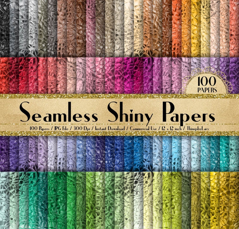 May include: A digital download of 100 seamless shiny papers in various colors. Each paper is 12 inches by 12 inches and 300 dpi. The papers are perfect for digital scrapbooking, card making, and other craft projects.
