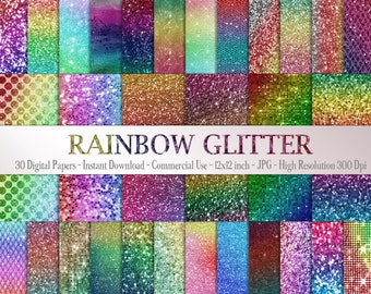 30 regenboog glinsterende glitter digitale papers 12 x 12" 300 Dpi Instant Download commercieel gebruik scrapbook kleurrijke Festival Sequin Unicorn Fairy