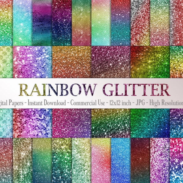 30 Rainbow Shimmering Glitter Digital Papers 12x12" 300 Dpi Instant Download Commercial Use Scrapbook Colorful Festival Sequin Unicorn Fairy