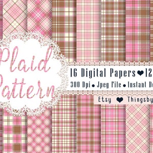 16 Pink and Brown Plaid Pattern Papers 12x12 Inch, Jpeg File, Instant Download, High Resolution 300 Dpi, Commercial Use