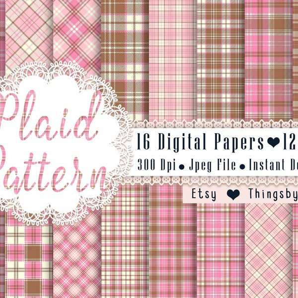 16 Pink and Brown Plaid Pattern Papers 12x12 Inch, Jpeg File, Instant Download, High Resolution 300 Dpi, Commercial Use