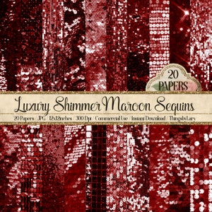 Puede incluir: 20 papeles digitales con un patrón de lentejuelas marrones. Los papeles miden 12x12 pulgadas y 300 dpi.  "Luxury Shimmer Maroon Sequins" y "20 Papers / JPG / 12x12inches / 300 Dpi / Commercial Use / Instant Download / ThingsbyLary" están escritos en una pancarta dorada.