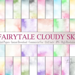 30 Acquerello Fiaba Nuvoloso Cielo Digitale Carte 12x12" 300 Dpi Download Istantaneo Colorato Baby Shower Kid Pixies Whimsical Scrapbook Paint
