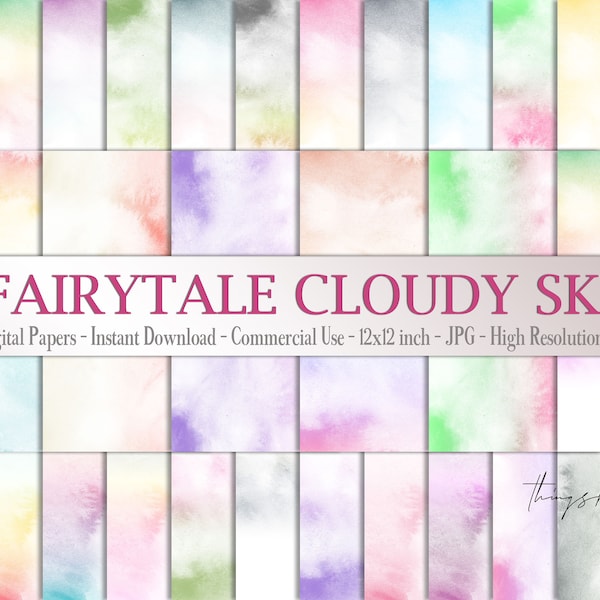 30 Watercolor Fairy Tale Cloudy Sky Digital Papers 12x12" 300 Dpi Instant Download Colorful Baby Shower Kid Pixies Whimsical Scrapbook Paint