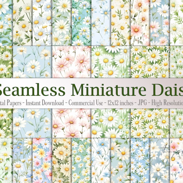 30 Seamless Watercolor Miniature Daisy Flower Digital Papers Digital Papers Commercial Use Lawndaisy meadow mini daisy Wedding Daisy Flowers