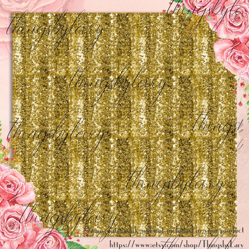 May include: A digital background with a gold glitter effect. The image has a vertical striped pattern and is decorated with pink roses and green leaves in the corners. The text "thingsbylary" is repeated across the image.
