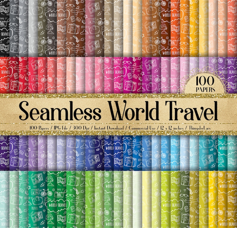 Travel Pattern Paper 100 Seamless World Travel Vacation Digital Papers Commercial Use ...