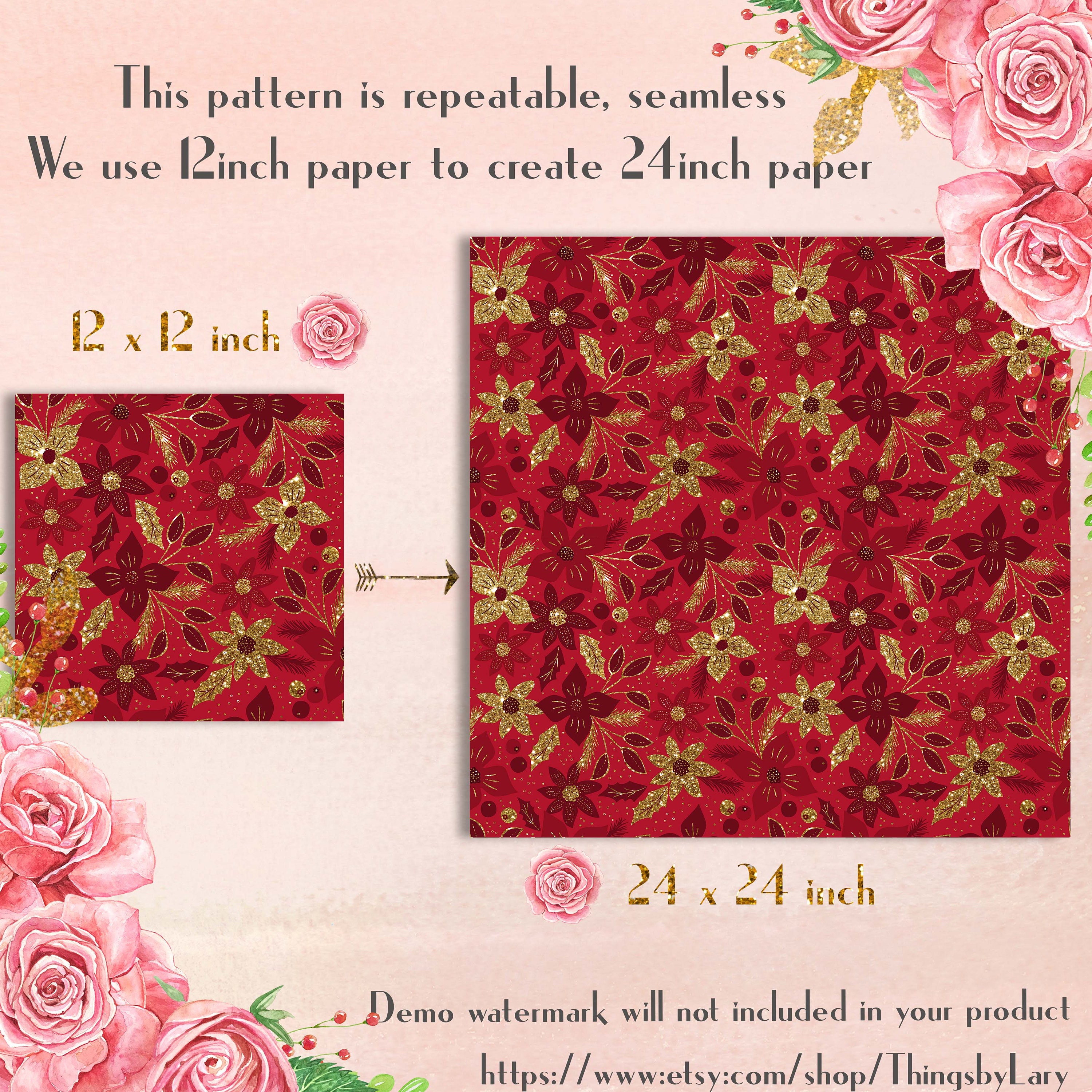 100 Seamless Glitter Christmas Floral Digital Papers 12x12" 300 Dpi ...