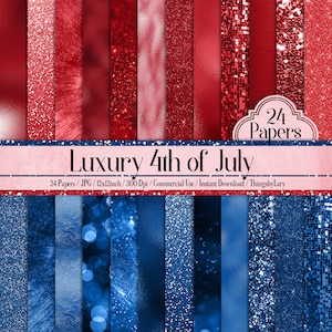 May include: A set of 24 digital paper backgrounds in red, white, and blue glitter and foil textures. The papers are 12x12 inches and 300 dpi. They are perfect for scrapbooking, card making, and other craft projects.