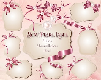 Schleife mit PerlenEtikettenrahmen, Glänzende Schleife, Satinschleife, Instant Download, Digitale Clipart, Schleife Clipart, Perlen Clipart, Hochzeit, Einladung, Dusche