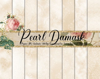 16 Pearl Wedding Luxury Damask Digital Papers 12x12" foil damask pearl foil digital damsak pattern wedding card neutral beige foil damask
