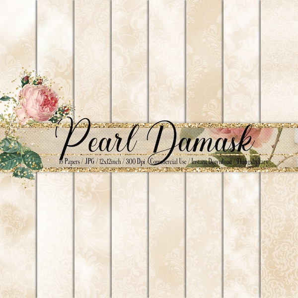 16 Pearl Wedding Luxury Damask Digital Papers 12x12" foil damask pearl foil digital damsak pattern wedding card neutral beige foil damask