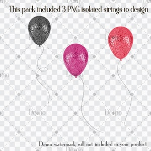 May include: Three glitter balloons, one black, one pink, and one red, with strings attached. The balloons are isolated on a transparent background.