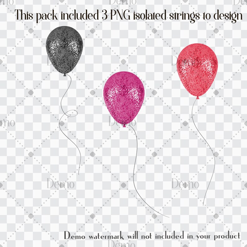 May include: Three glitter balloons, one black, one pink, and one red, with strings attached. The balloons are isolated on a transparent background.