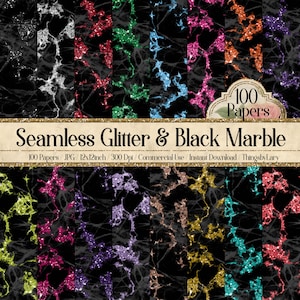 May include: 100 seamless digital papers featuring black marble with glitter in various colors. Each paper is 12x12 inches and 300 dpi.