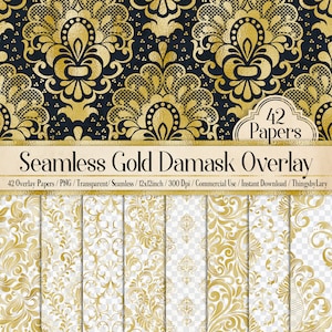 42 Gold Foil Seamless Damask Ornament Overlays 12inch Transparent PNG Instant Download Commercial Use, Gold foil printing damask seamless