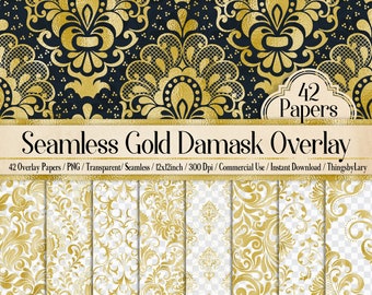 42 Gold Foil Seamless Damask Ornament Overlays 12inch Transparent PNG Instant Download Commercial Use, Gold foil printing damask seamless