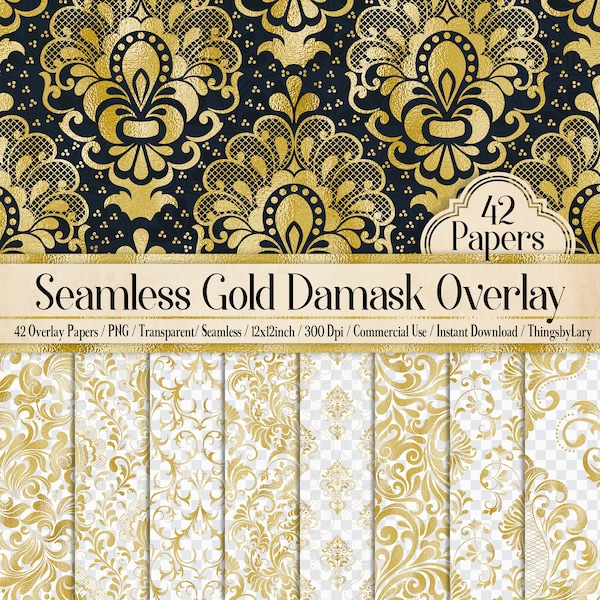 42 Gold Foil Seamless Damast Ornament Overlays 12inch Transparent PNG Instant Download Kommerzielle Nutzung, GoldFolie Druck Damast nahtlos