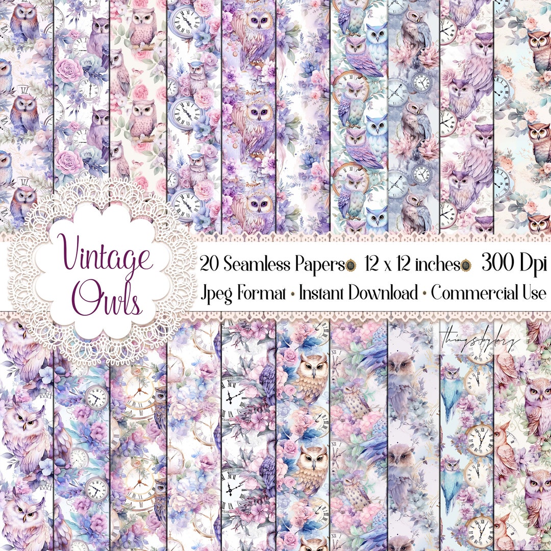 20 Seamless Watercolor Vintage Owls and Clocks Digital Papers ...