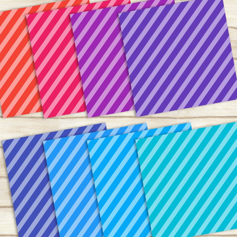 May include: Nine digital paper sheets with diagonal stripes in various shades of red, purple, blue, and turquoise.