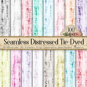May include: 100 seamless digital paper patterns in various tie-dye colours. Each pattern is 12x12 inches and 300 dpi. The text "100 Papers" and "Seamless Distressed Tie-Dyed" is displayed on the image.