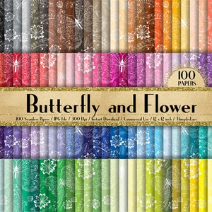 100 Seamless Butterfly and Flower Papers 12 inch ,300 Dpi Planner Paper,Commercial Use,Scrapbook Paper,Rainbow,Flower Paper,Butterfly Paper