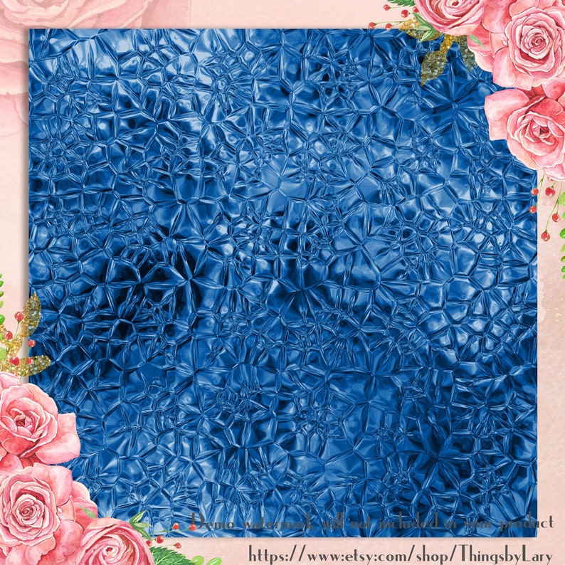 May include: A digital paper background with a blue, metallic, textured pattern. The texture resembles a crumpled piece of foil.