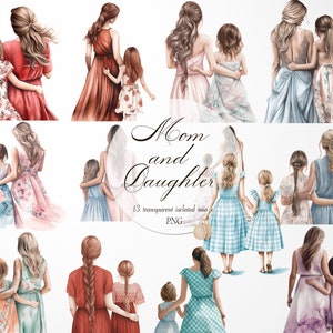 13 Watercolor Mom and Daughter From The Back View Isolated Transparent Digital Images 300 Dpi PNG Instant Download Commercial Use portrait