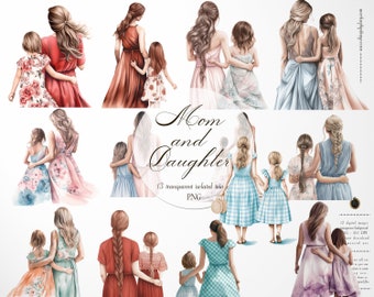 13 Watercolor Mom and Daughter From The Back View Isolated Transparent Digital Images 300 Dpi PNG Instant Download Commercial Use portrait