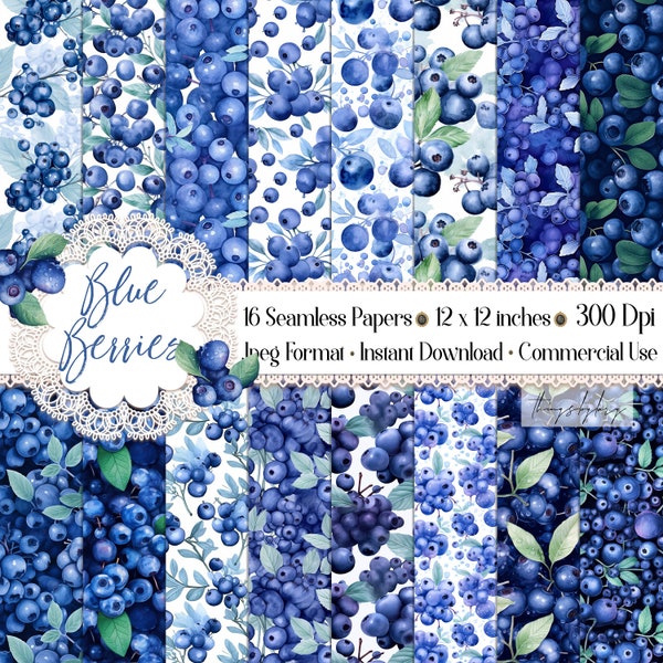 16 Seamless Watercolor Blueberries Pattern Digital Papers 300 dpi commercial use digital Blueberries pattern seamless farm pattern Desserts