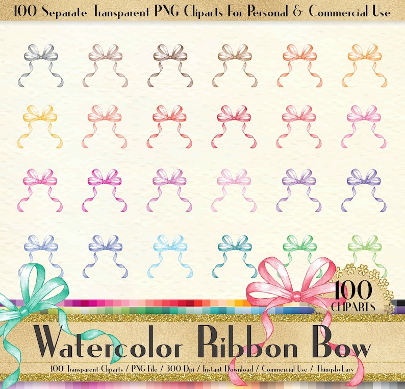 100 Watercolor Ribbon Bow Clipart,100 Watercolor Clipart,PNG Clipart,Planner Clipart,Watercolor Bow,Bridal Shower,Valentine,Baby Shower image 1