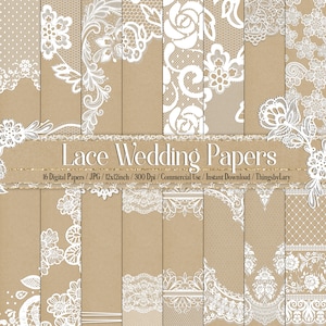 16 White Lace Craft Wedding Papers 12inch 300 dpi utilisation commerciale téléchargement instantané, White Wedding, Wedding Invitation, Scrapbooking Lace Kit