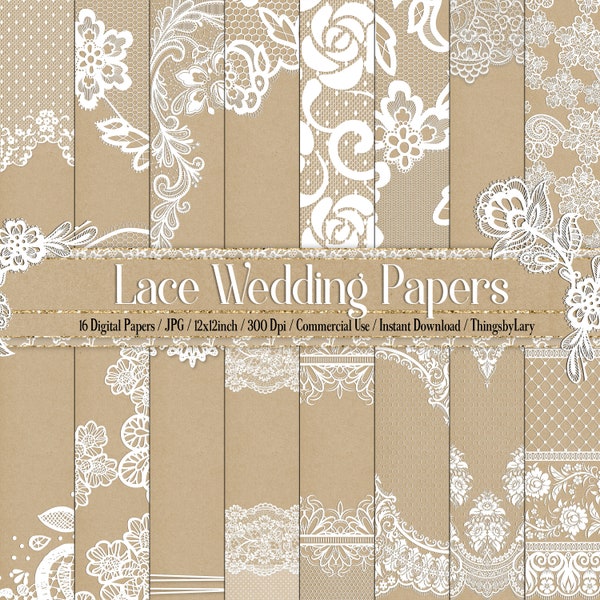 16 White Lace Craft Wedding Papers 12inch 300 dpi uso comercial descarga instantánea, White Wedding, Invitación de boda, Scrapbooking Lace Kit