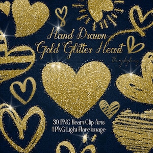 30 Gold Glitter Hand Drawn Heart Clip Arts 300 Dpi Instant Download Commercial Use Transparent Digital Gold Glitter Valentine Wedding Heart