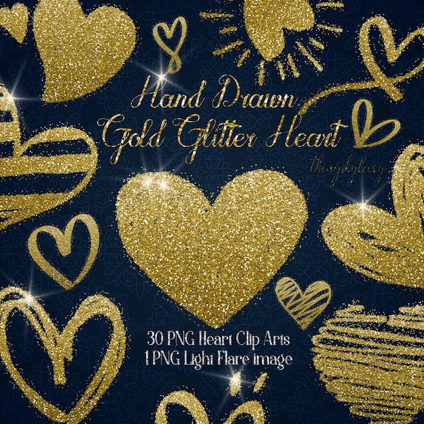 30 gouden Glitter Hand getrokken hart Clip Arts 300 Dpi Instant Download commercieel gebruik transparante digitale gouden Glitter Valentijn bruiloft hart