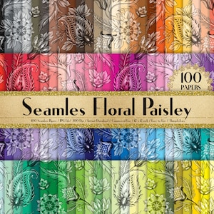 100 Seamless Floral Paisley Papers in 12&quot; x 12&quot;, 300 Dpi Planner Paper, Commercial Use, Scrapbook Paper, 100 Paisley Papers