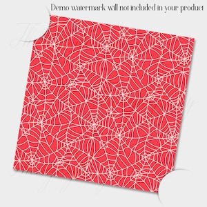 May include: A seamless pattern featuring a white spider web design on a bright red background.