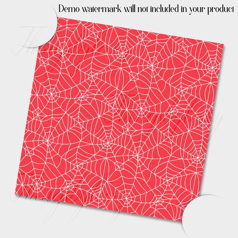 May include: A seamless pattern featuring a white spider web design on a bright red background.