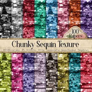 May include: 100 digital papers featuring a chunky sequin texture in various colors. Each paper is 12x12 inches and 300 dpi.