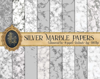 16 Silver Marble Papers, Silver Marble, Digital Marble Paper, Glitter Marble, Foil Marble, Digital Texture Paper, Printable Paper